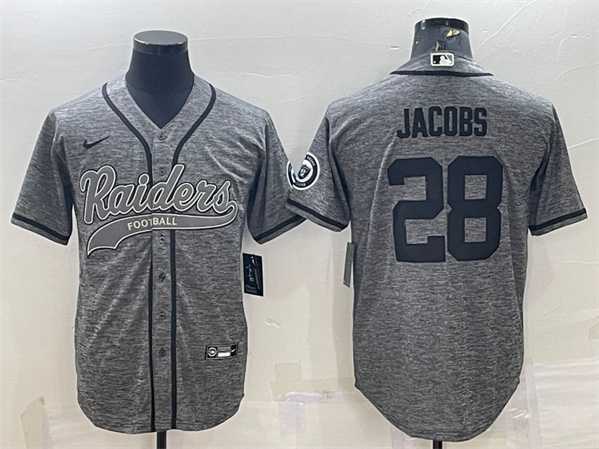 Men%27s Las Vegas Raiders #28 Josh Jacobs Gray With Patch Cool Base Stitched Baseball Jersey->las vegas raiders->NFL Jersey